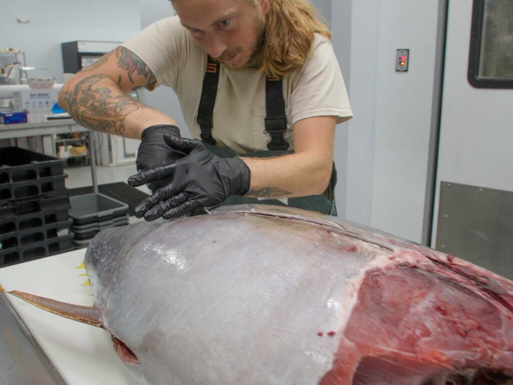 Cutting through tough tuna skin