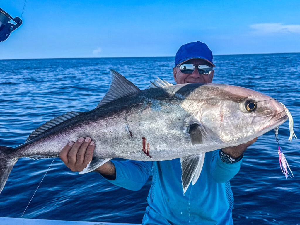 An angler holds a big amberjack with a jig in its mouth.