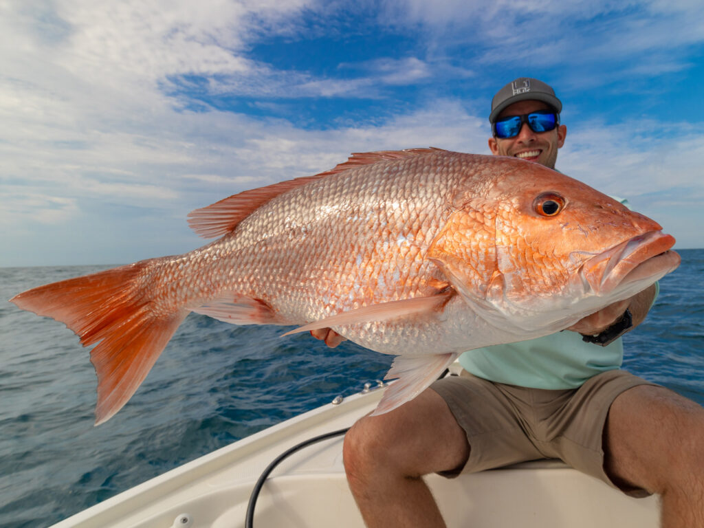 An angler holds a red snapper fish.