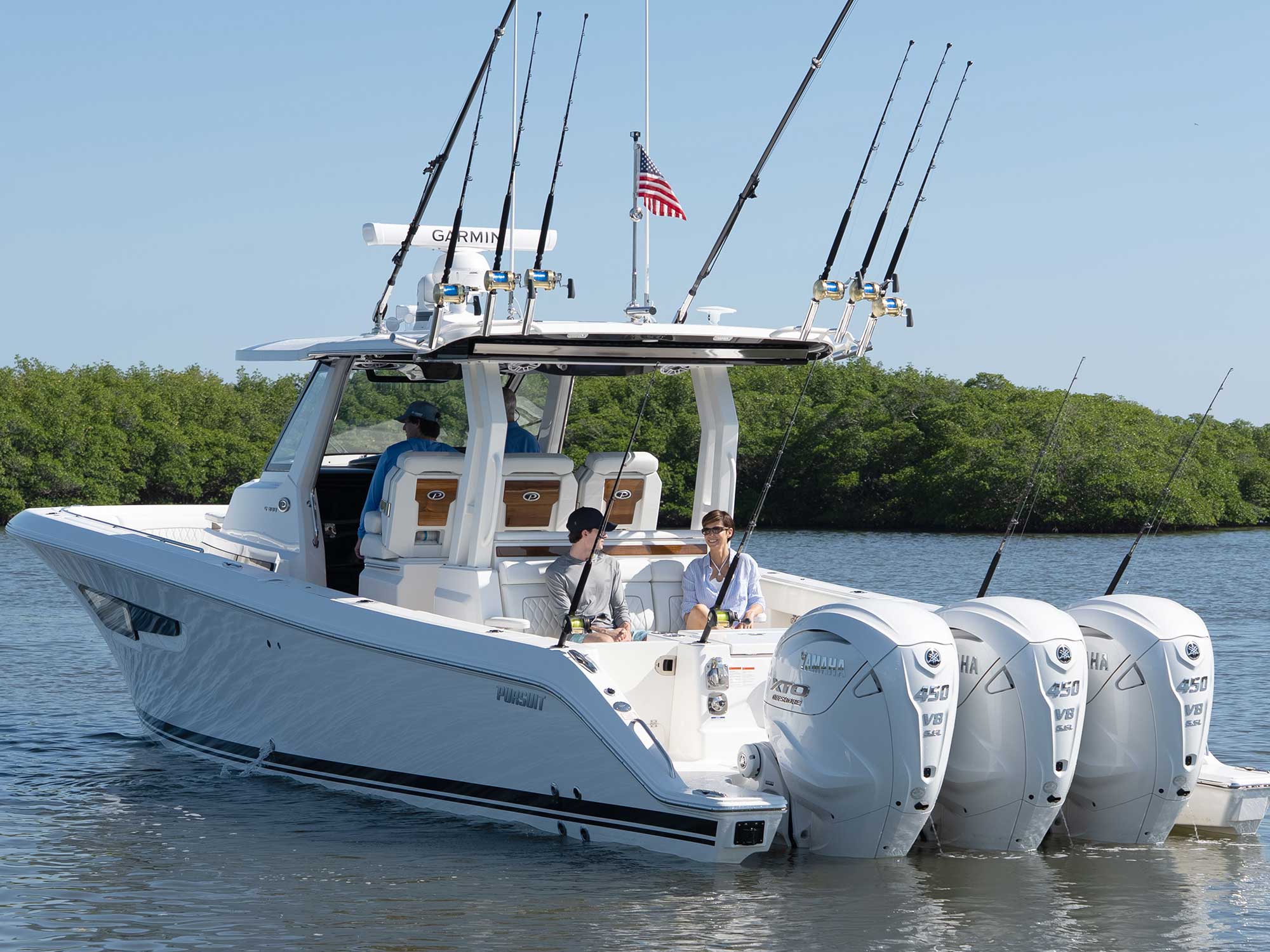 Pursuit S 388 at anchor